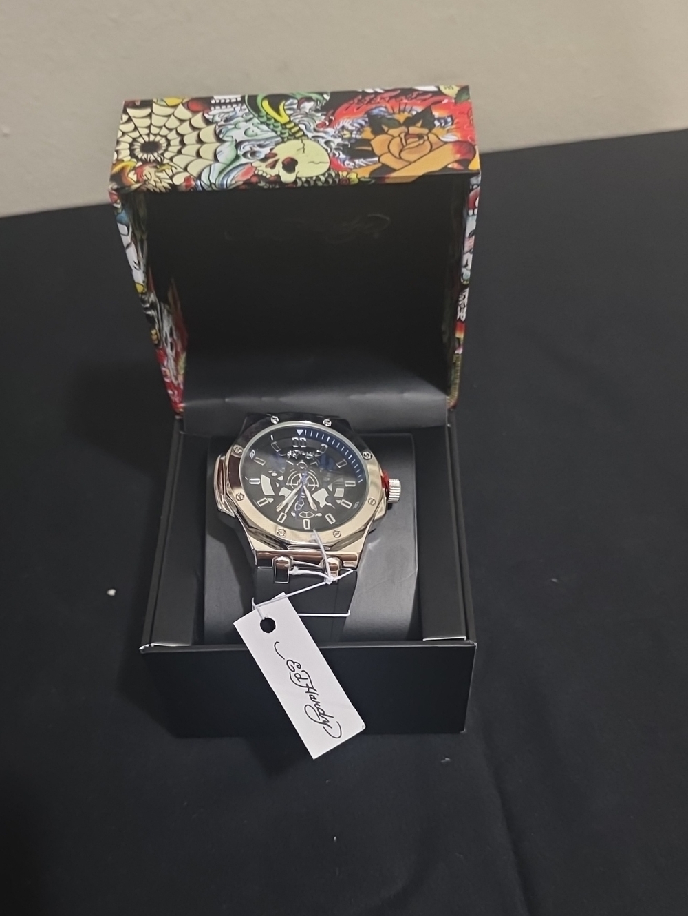 Ed Hardy Men's Silver Case Watch with Black Dial and Black Strap